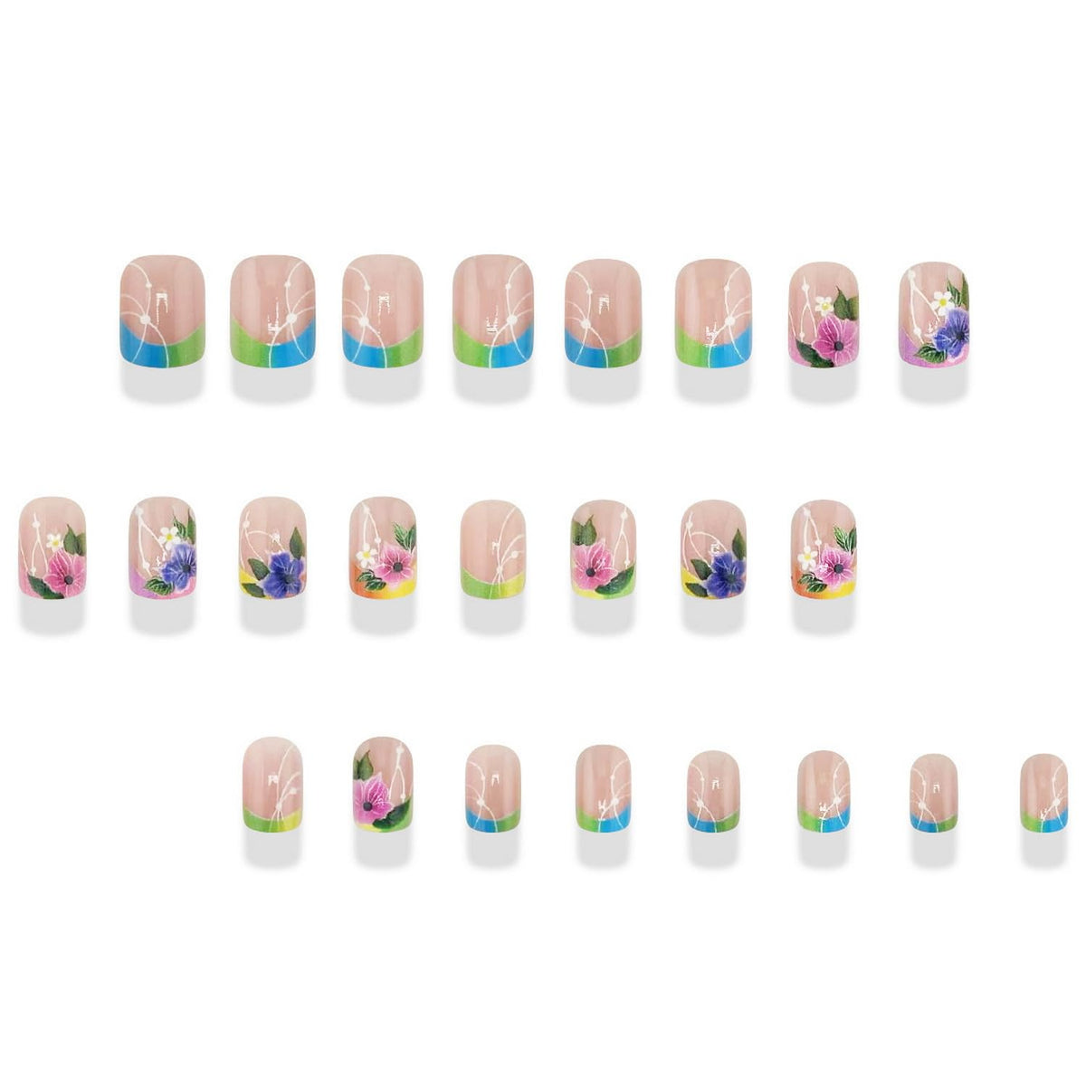 Colorful Press on Nails Short Square Fake Nails Flower False Nails Glossy Acrylic Nails Full Cover Stick on Nails with designs Floral Glue on Nails Sprinng Summer Nails for Women Girls Manicure24pcs