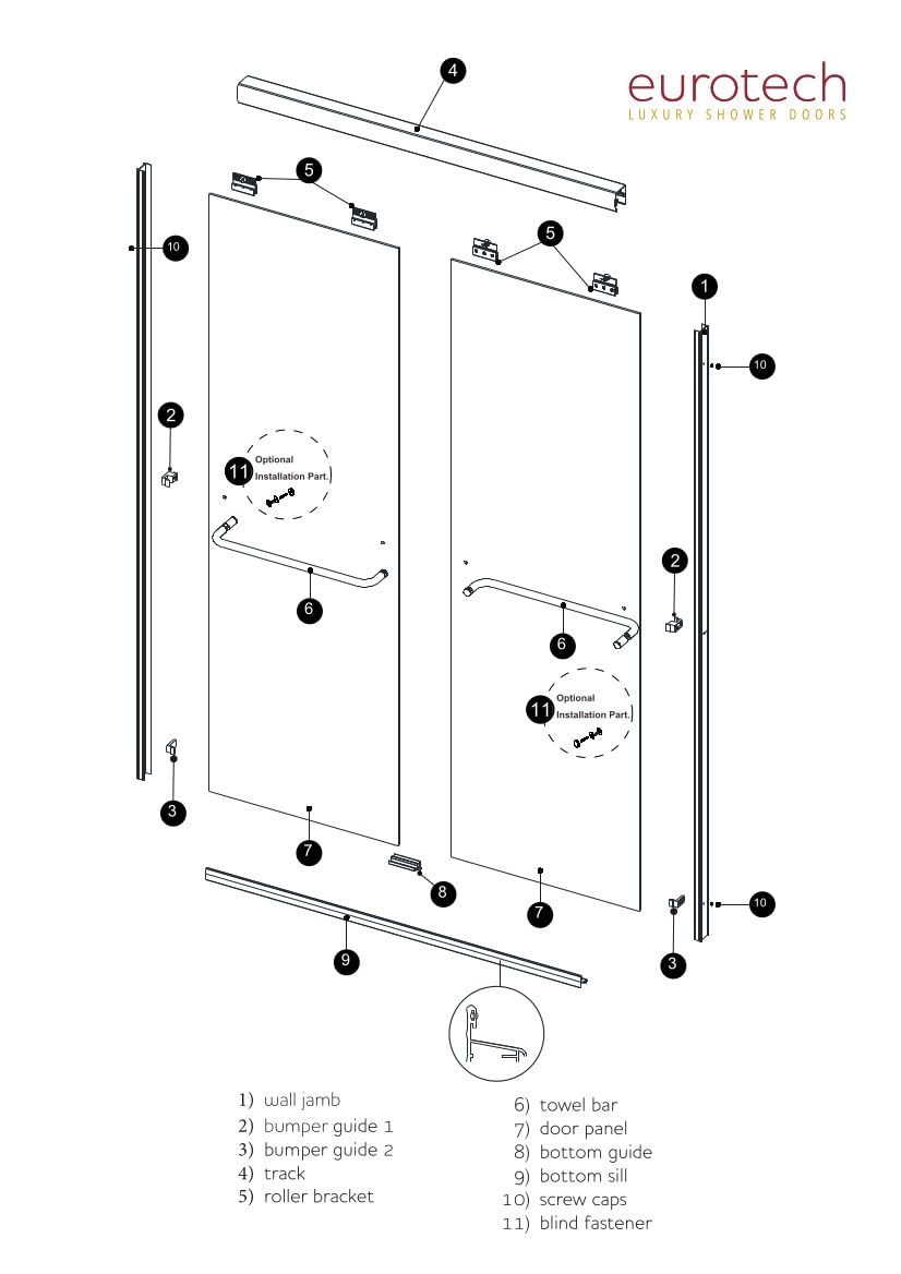 EUROTECH SHOWERS Classic 56-59" W x 72" H Semi-Frameless Double Sliding Glass Shower Door with 1/4" Clear Tempered Safety Glass (Brushed Nickel)