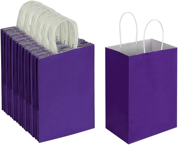 Oikss 100 Pack 5.25x3.25x8.25 Inch Small Purple Kraft Paper Bags with Handles Bulk for Birthday Wedding Party Favors Grocery Retail Shopping Business Goody Craft Gift Bags Cub Sacks (100pcs Count)