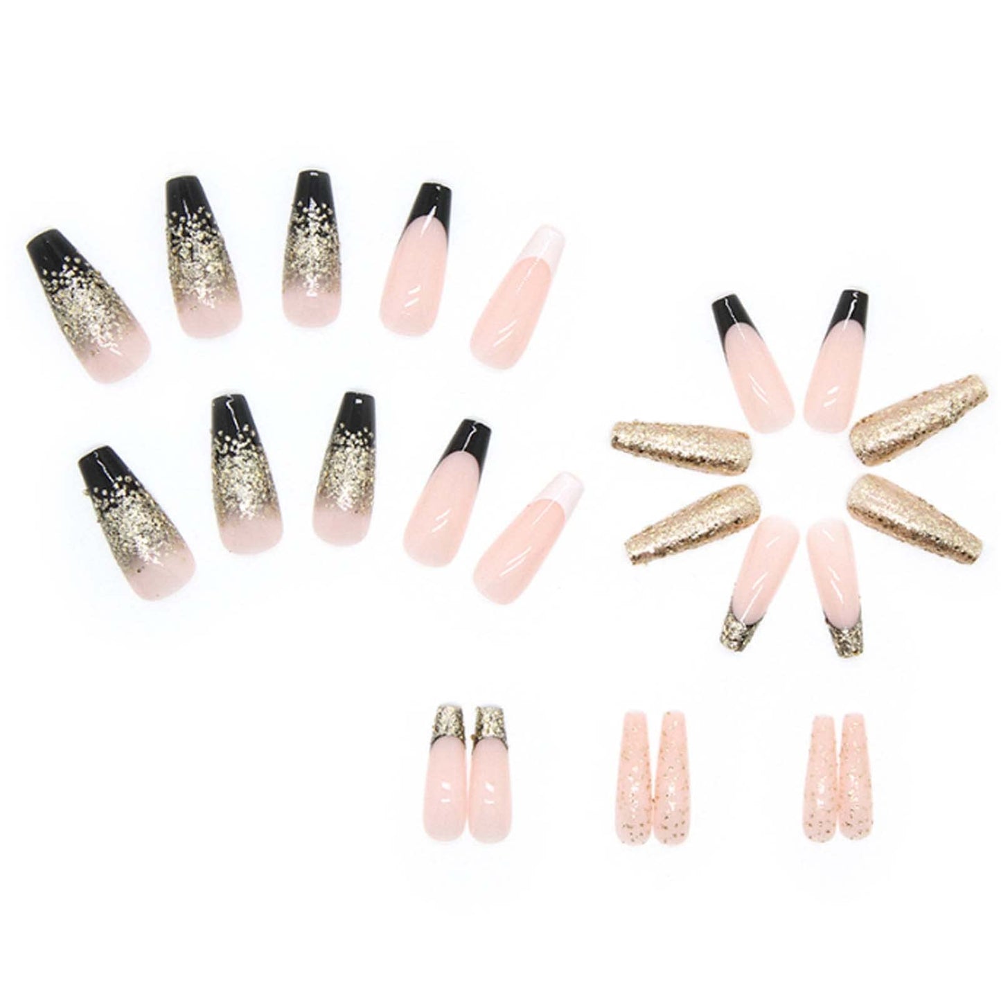 Hkanlre Fake Nails Gold Long Coffin French Press on Nails Acrylic Full Cover Ballerina Bling False Nails for Women and Girls 24PCS