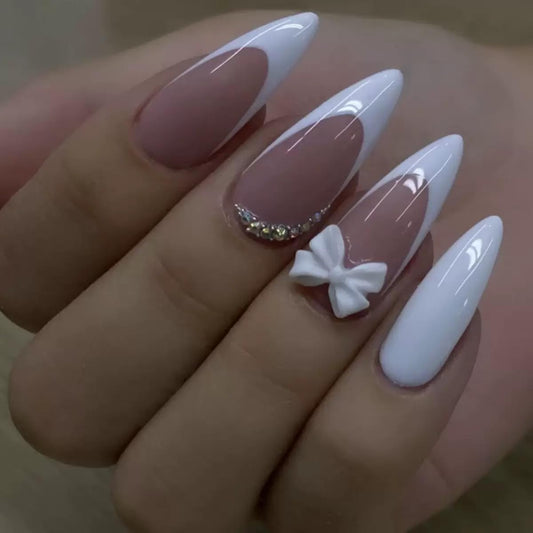 CTTHNBD Press on Nails Almond - Flower Fake Nails with Polka Dot Design - Winter, Ombre Full Cover Stick on False Nails - for Women 24 Pcs