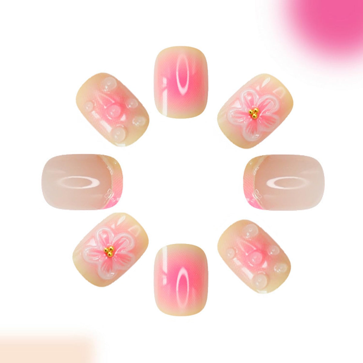 3D Short Square Press on Nails French Tip Fake Nails Pink&Yellow False Nails with Flower Water Drop Designs Glossy Glue on Nails Floral Stick on Nail for Women Girls 24Pcs