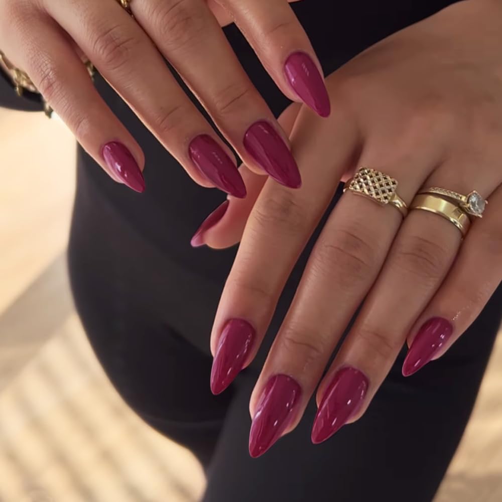 Berry Purple Press on Nails Medium Stiletto Almond,KQueenest Glossy Glue on Nails Medium Fake Nails Press ons Feature Protective UV Coating for Women Nail Art Manicure in 24PCS