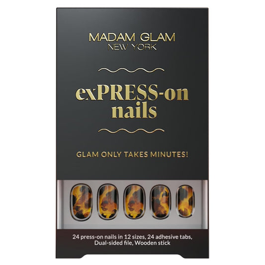 Madam Glam - 24 Press-On Nails in 12 Sizes - Tortoise Shell, Matte Finish - with 24 Adhesive Tabs, Dual-Grit Nail File & Wooden Stick - Quick DIY Nail Application