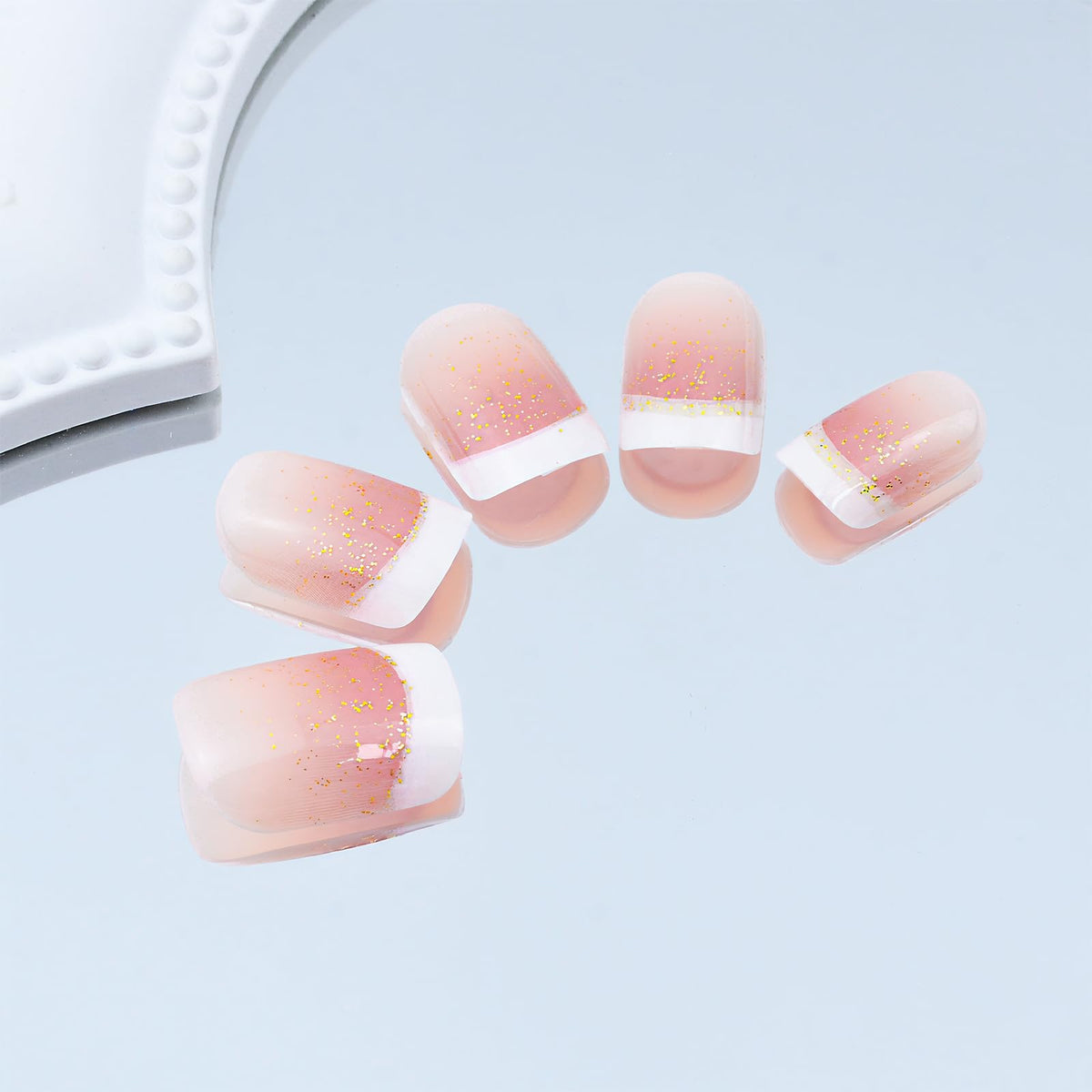 Gradient French Tip Press On Nails Short Square Glitter Pink False Nails Sparkling Gold Design White French Tip Cute False Nails Full Cover Stick On Nails for Women Girls Manicure 24pcs