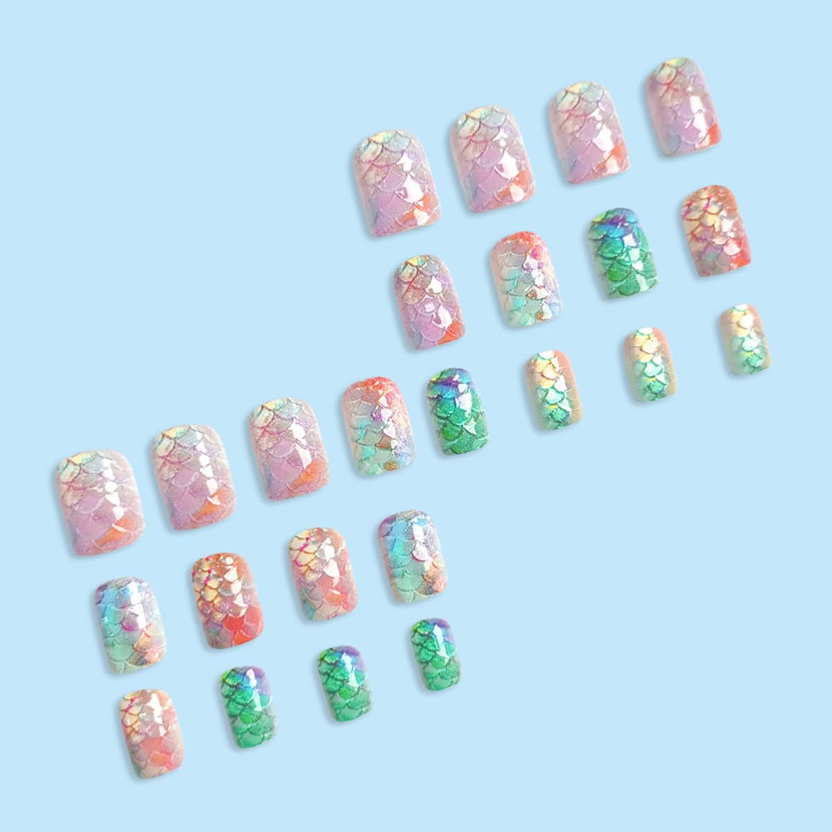 24Pcs Summer Press on Nails Short Square Fake Nails Glitter Mermaid Full Cover False Nails 3D Fish Scale Iridescence Design Beach Glue on Nails Cute Acrylic Nails Glossy Ocean Stick on Nails for Women