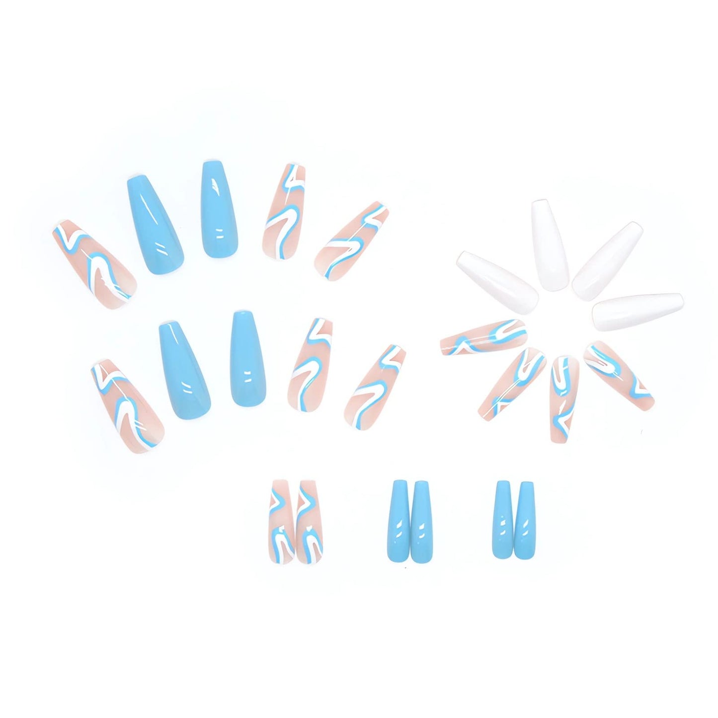 RTKHFZE Summer Acrylic Press on Nails Long Blue Fake Nails French Extra Long Acrylic Nails with Blue Swirl Designs Glossy Artificial Nails for Women and Girls 24PCS