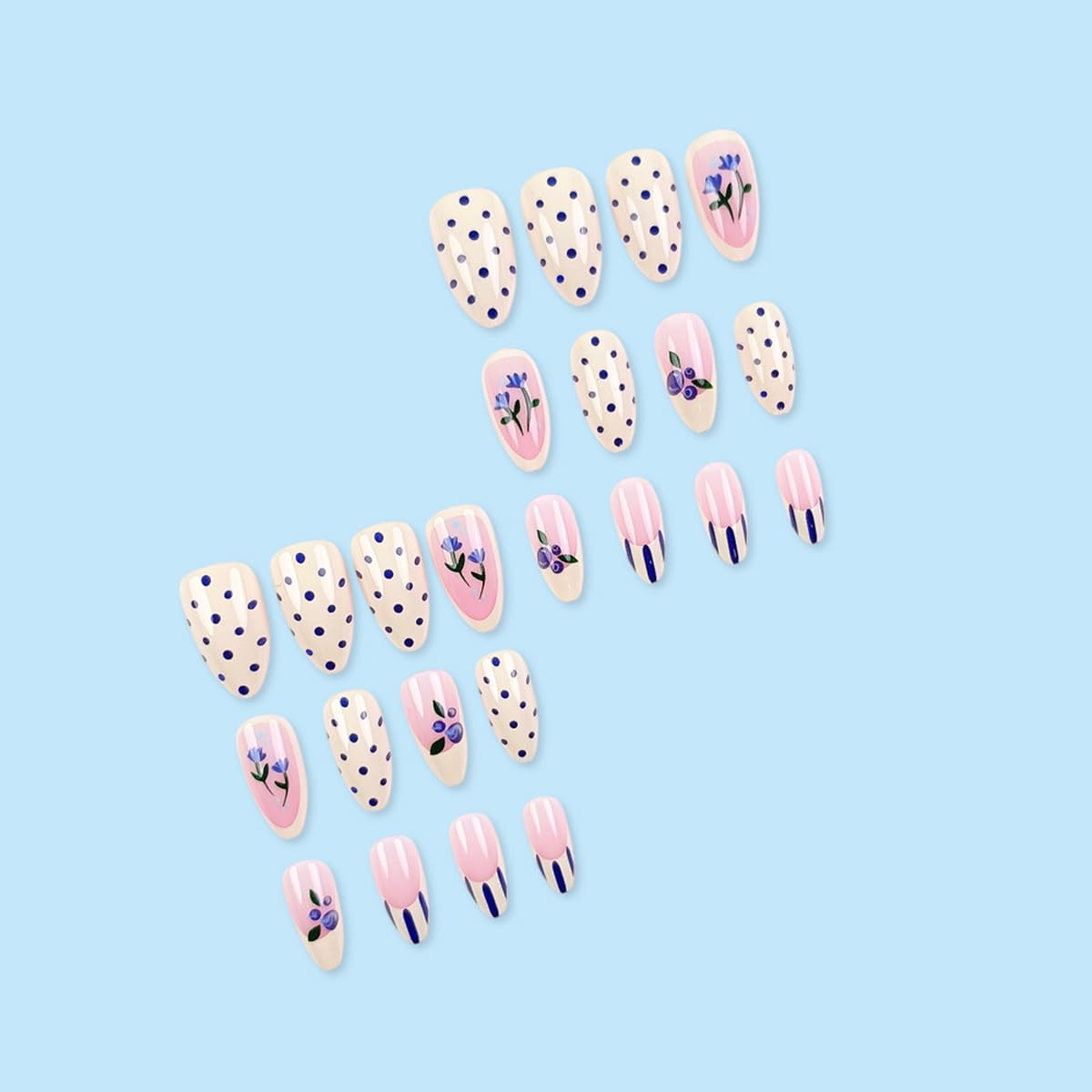 Medium Almond Press on Nails Yellow Fake Nails with Polka Dot & Blueberry & Blue Flower Design French Tip Nails Press ons Acrylic Full Cover Glossy Glue on Nails for Women Manicure 24Pcs