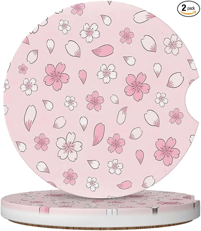 Car Cup Holder Coasters, 2 Pcs Ceramic Coasters with Cork Back and Finger Slot, Anti-Slip Shock Absorbing Women and Men Universal Car Accessories - Pink Sakura