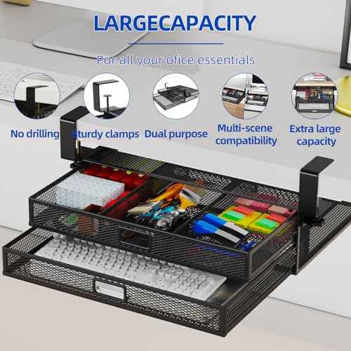 Under Desk Drawer Organizer No Drilling Under Desk Storage Drawer Organizer Metal Under Desk Slide Out Drawer Suitable for Home and Office(Large)