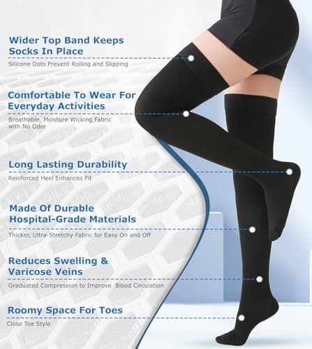 MGANG Medical 20-30 mmHg Compression Stockings for Women & Men, Pair, Thigh High Graduated Compression Socks, Closed Toe, Opaque, Support for Varicose Veins, Edema, DVT, Swelling, Flight, Black XXL