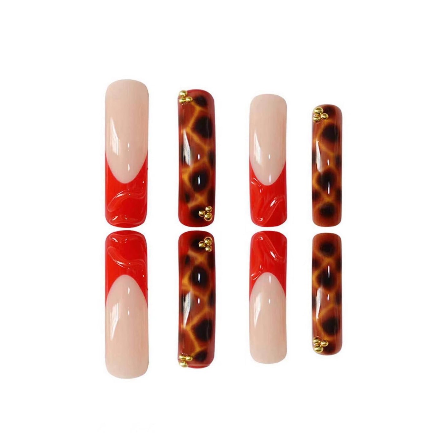 Curved Press on Nail 3d Fake Nails Red French Tip Press ones Extra Long Square with Water Stripe designs Leopard Print Stick on Nails Gold Rhinestones Acrylic Full Cover Gel Glue on Nails for Women