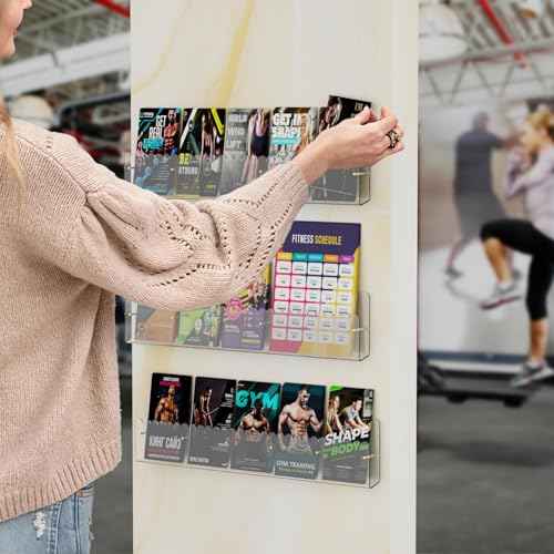 Brochure Holder Wall Mount, 2 Pack Acrylic Modular Flyer with Adjustable Magnetic Golden Bolt, Wavy Lace Pamphlet Display Stand for Organizer Trifold Flyer, Document, Leaflet, 5 Slots