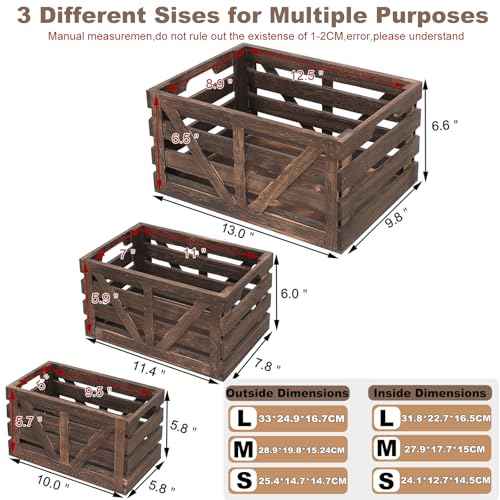 Wooden Storage Crates Nested Crates Set of 3 (Large,Medium,Small),Farmhouse Decorative Boxes with Handles for Home Organization,Display,Brown Wood Crates