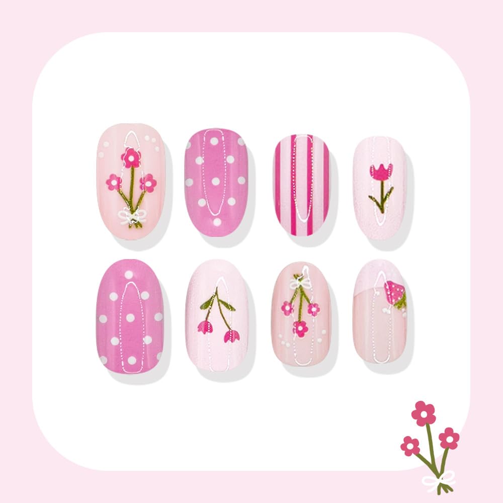 Flower Press on Nails Pink Almond Polka Dot Fake Nails with Strawberry & Stripe French Tip Nails Press ons, Medium Cute Summer False Nails Glossy Full Cover Stick on Nails for Women 24Pcs