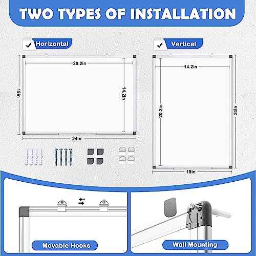 WALGLASS 2 Pack White Board, 24" x 18" Double-Sided Dry Erase White Board for Wall, Hanging Mounted Whiteboard, Horizontal or Vertical Silver Aluminium Frame for Home, School, Office, Kitchen