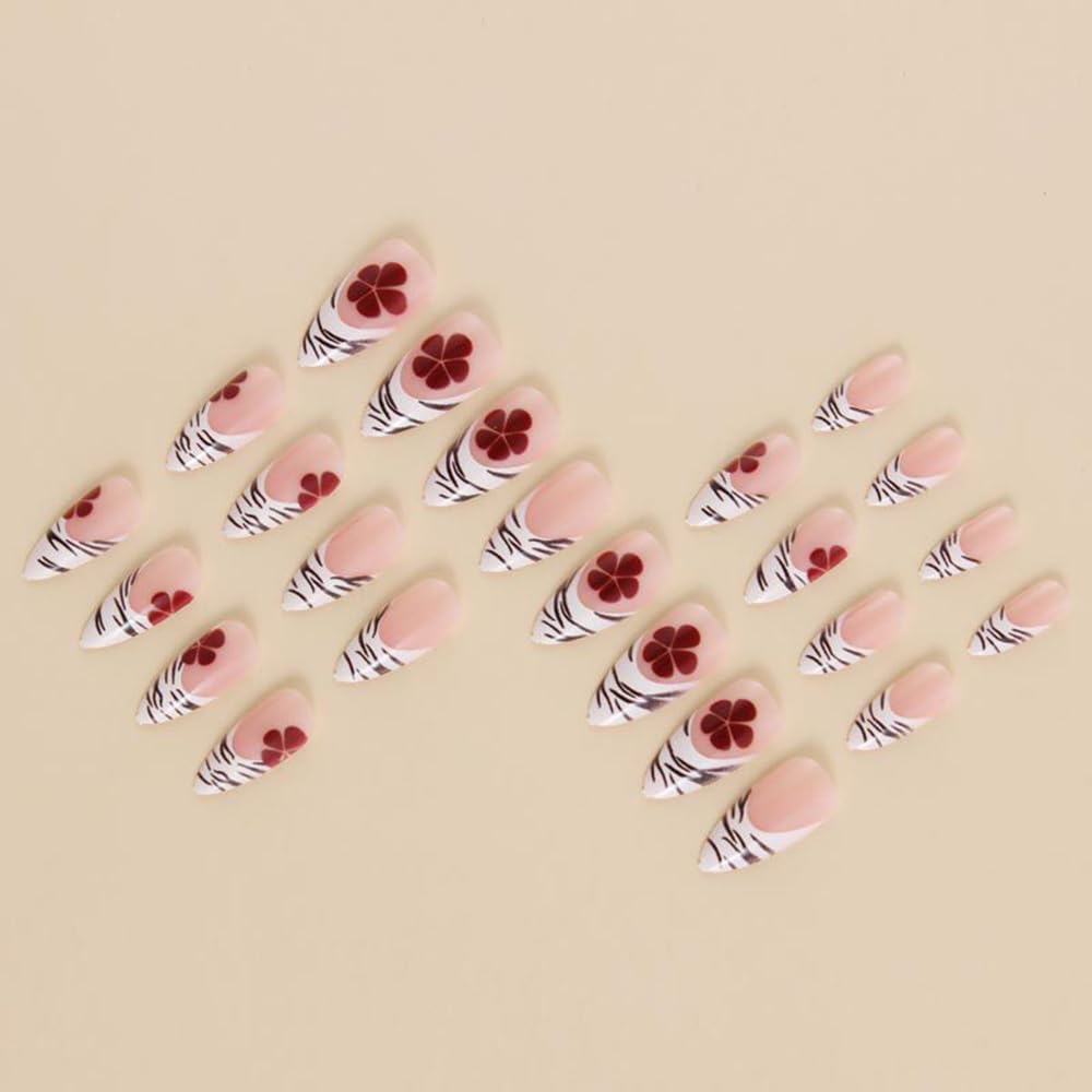MINGCHUN Press on Nails Medium Almond French Tip Fake Nails Press ons Acrylic Nail Art Kit Full Cover False Nails Glue on Nails with Zebra Stripes Flower Glossy Design for Women Nail Supplies 24Pcs