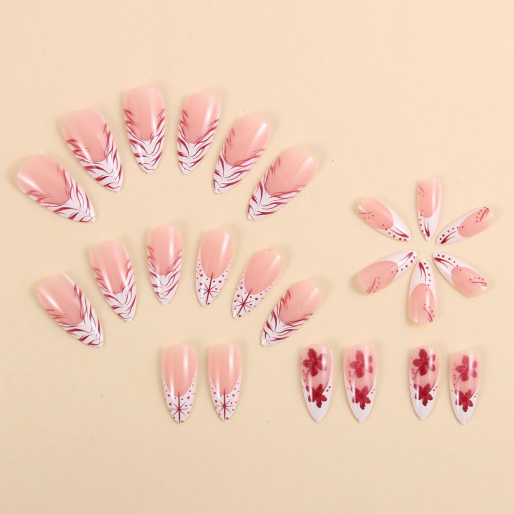 MINGCHUN Pink Press on Nails Medium Almond White French Tip Fake Nails Press ons Acrylic Nail Art Kit Full Cover False Nails Glue on Nails with Flame Flower Glossy Design for Women Nail Supplies 24Pcs