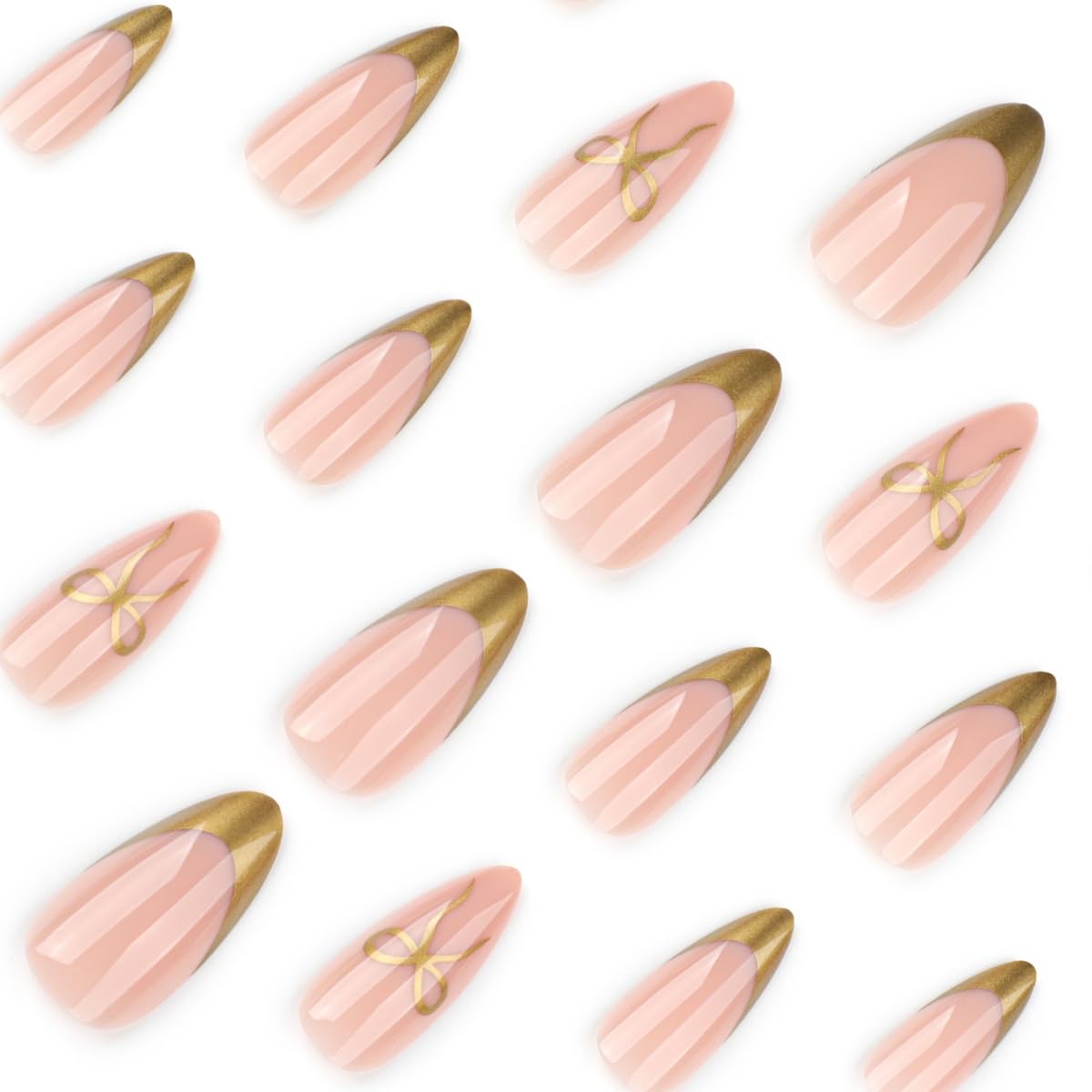 Gold French Tip Press on Nails Medium Almond, Bow Fake Nails with Glue, Full Cover Nude Glossy False Nails for Women DIY Manicure Decoration, 24PCS Reusable Acrylic Nails