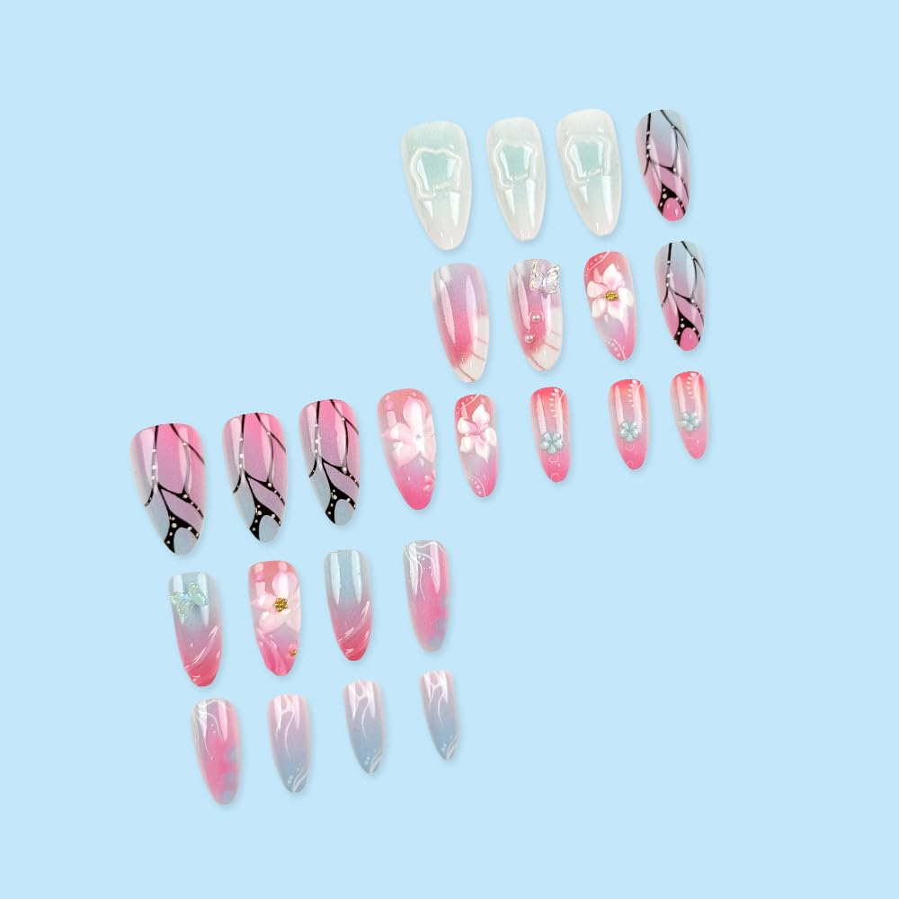 Mkwntg 24Pcs Pink Flower Press on Nails Medium Almond Fake Nails with 3D Gold Beads Pearl Butterfly Rhinestones Design Spring Floral Ombre Acrylic False Nails White Nude Stick on Nails for Women DIY