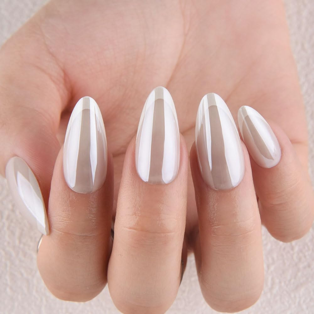 evpct Pearl White Glazed Press On Nails Short Almond, Beige French Tip Chrome Glazed Glossy Stick on Nail for Women Gift, Reusable Full Cover Soft Gel Press on Fake Nail with French Tip Design
