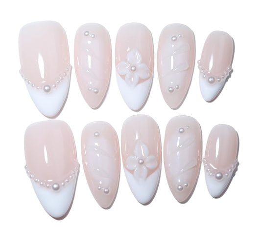10Pcs Medium Almond Handmade Press On Nails | Easy Apply & Remove, Reusable Salon Quality Nails | Elegant Nude & White Fake Nails with 3D Floral & Pearl Accents(251217, XS)