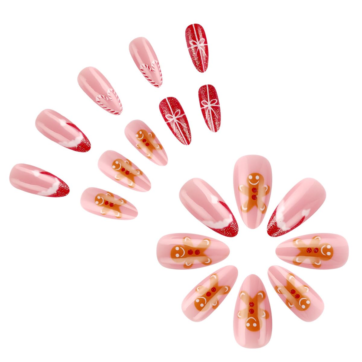 Christmas Press On Nails Medium Almond Fake Nails Gingerbread Santa Hat With Candy Cane Bow Design Xmas False Nails Full Cover Cute Acrylic Glue On Nail Winter Stick On Nails For Women 24pcs