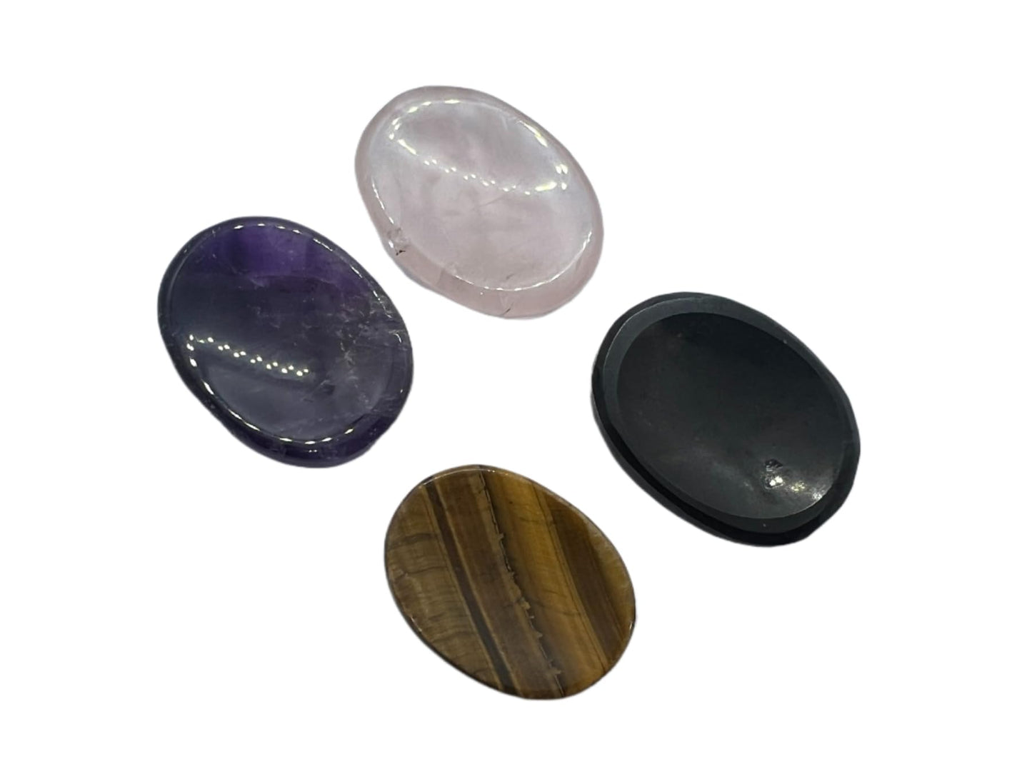 Set of 4 Pieces of Amethyst, Rose Quartz, Tigers Eye, Black Tourmaline Thumb Worry Stones Metaphysical Gemstone Crystal Healing Reiki Men Women Gift