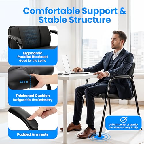 Simple Deluxe Office Guest Chair with Padded Arm Rest No Wheels, Waiting Room Reception Leather Stationary Chairs for Conference Room, Lobby, Home, Desk Table Side, Dining, 1 Pack Thickened Cushion