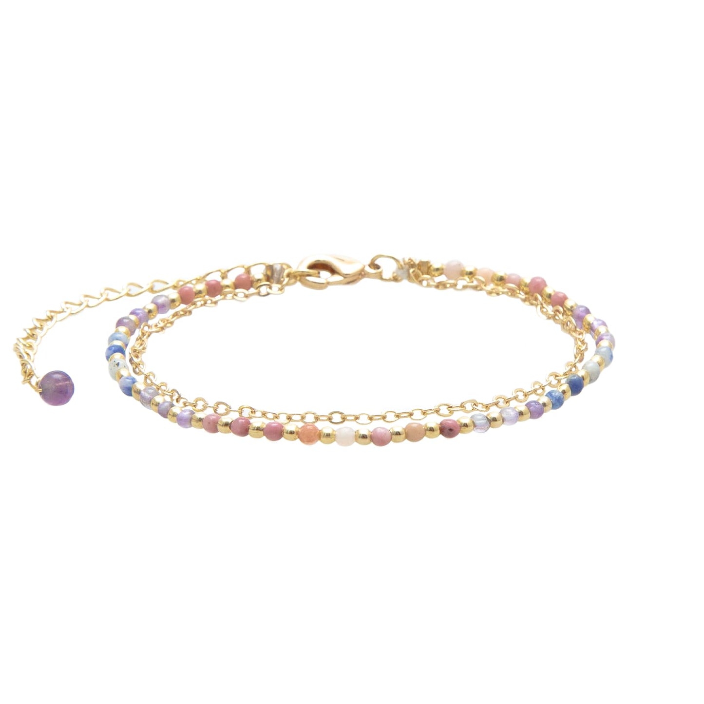 Lotus and Luna Energy Healer Beaded Healing 2mm Layered Bracelet in Gold with Real Stones Amethst, Sodalite, Rhodolite, Pink Aventurine (Energy Healer Yellow Gold)