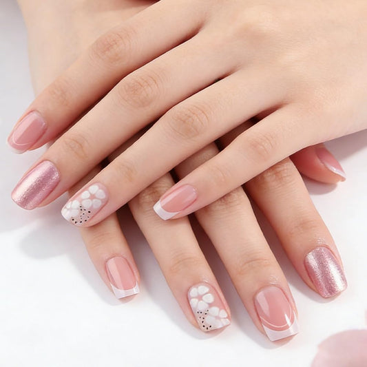 Taoyisent Nude Pink French Tip Press On Nails Short Square Glossy, Floral Fake Nails with Glitter Accent, Reusable Full Cover Stick On Nails for Women Wedding Office Daily Wear, 24PCS