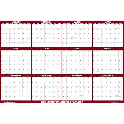 36" x 54" SwiftGlimpse 2026 Wall Calendar Erasable Large Wet & Dry Erase Laminated 12 Month Annual Yearly Wall Planner, Horizontal, Maroon
