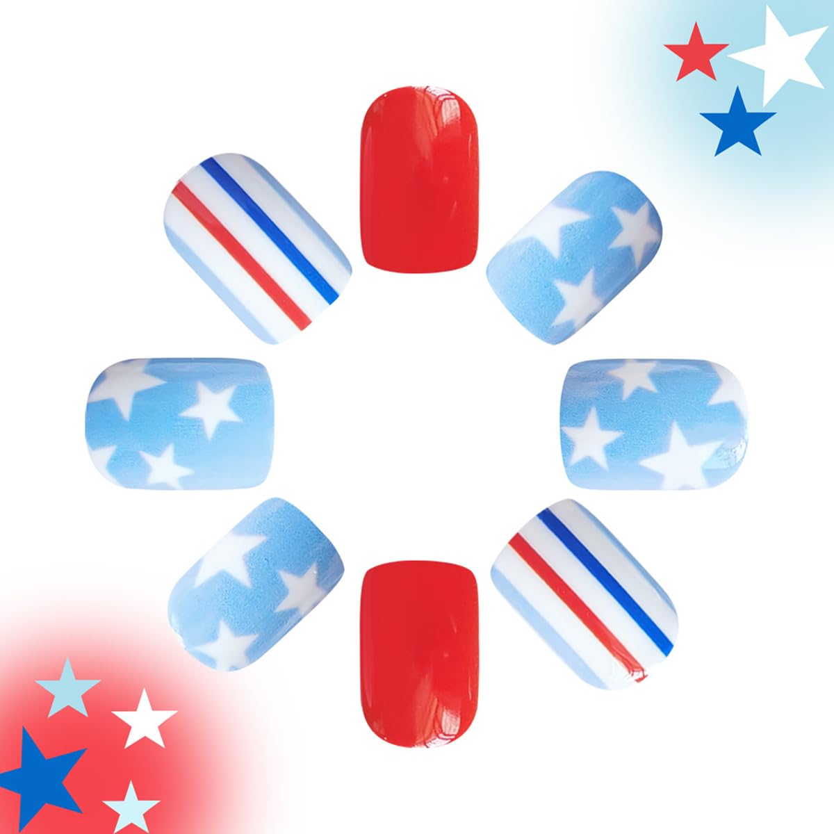 4th of July Press on Nails Square Short Fake Nails Star Nails Design Independence Day False Nails Blue Red Striped Patriotic Glue on Nails Glossy Acrylic Nails for Women Summer Holiday Manicure 24Pcs
