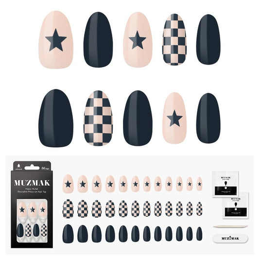 MUZMAK Reusable Press on Nails Long 36Pcs Halloween Press Ons with Designs Cute Gel (Draw Night(Almond))
