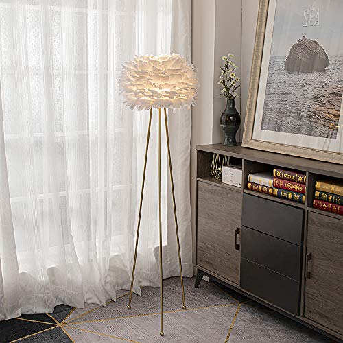 Maxax 60" Feather Floor Lamp, Tripod Floor Lamp with White Feather Shade, Modern Gold Standing Light for Bedrooms/Dining Room/Living Room/Kitchen