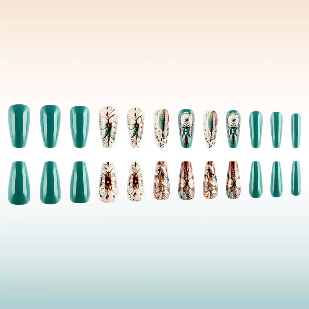 Ocean Press on Nails Square - Medium Fake Nails with Coral Shell Design - Summer, White Frecnh Tip False Nails for Women 24 Pcs