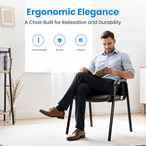 Simple Deluxe Office Guest Chair with Padded Arm Rest No Wheels, Waiting Room Reception Leather Stationary Chairs for Conference Room, Lobby, Home, Desk Table Side, Dining, 1 Pack Thickened Cushion