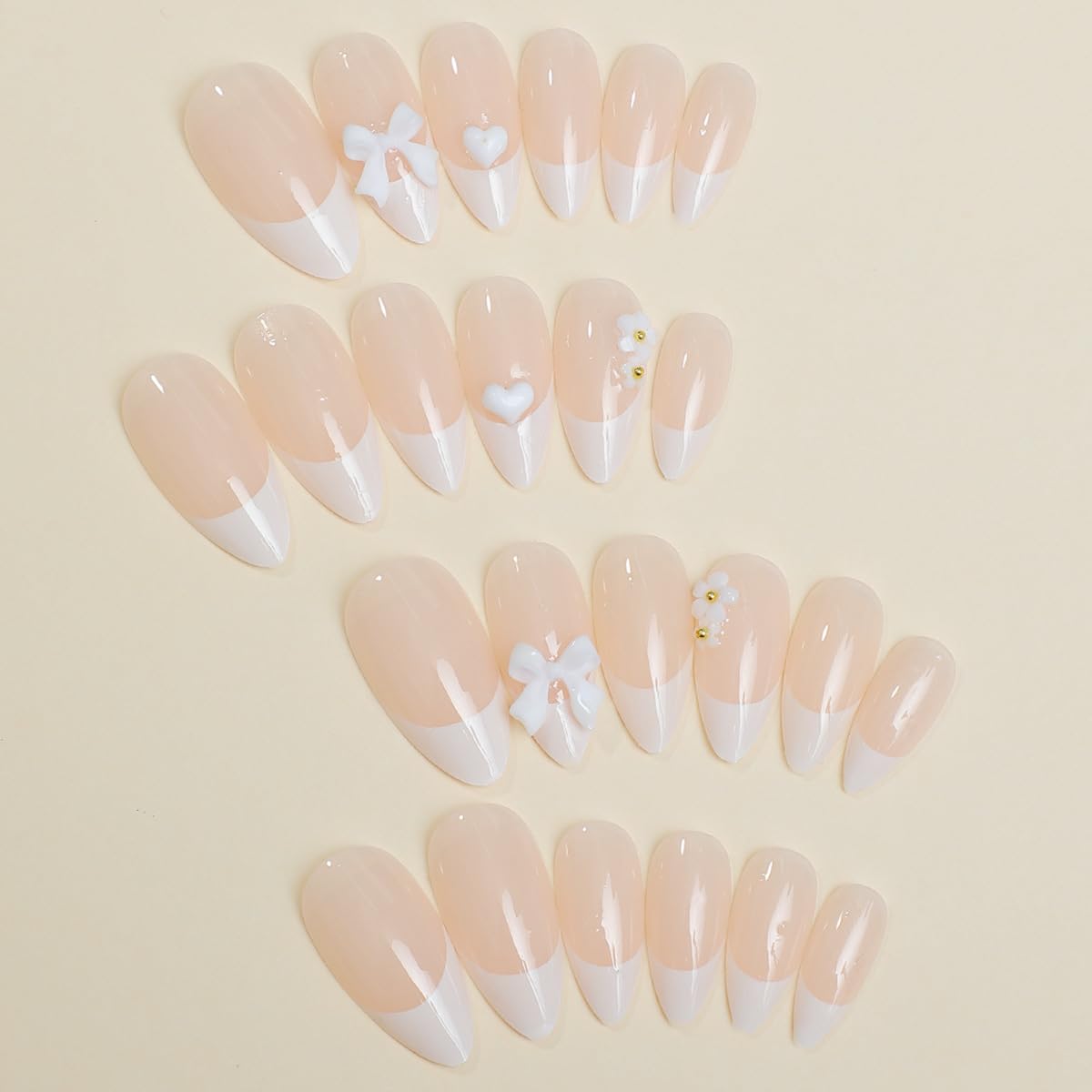 FANTACIEL Almond Press On Nails, Light Pink Bow False Nails Full Cover Glossy Glue On Nails, Cute Romantic Fake Nails for Women Valentine’s Day Date Party 24PCS
