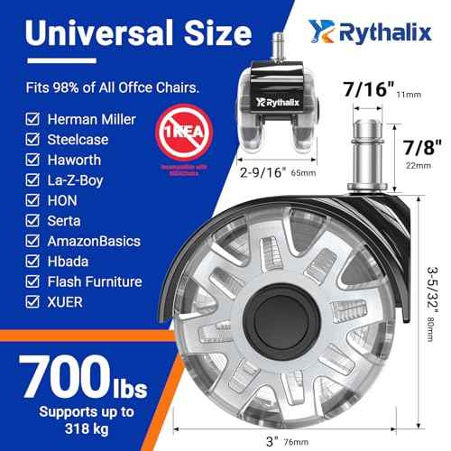 3" Office Chair Wheels Set of 5 - Desk Chair Caster Wheels, Smooth & Quiet, Universal Fit for Most Office/Desk/Gaming Chairs, Safe on Carpets & Hardwood Floors