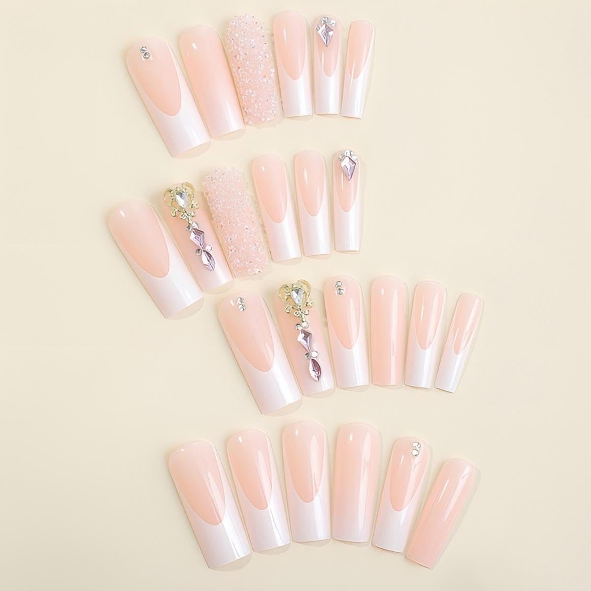 Rchovsam Long Press on Nails Square French Tip Nails Press Ons Pink Love Diamond Designs Fake Nails French White Acrylic Full Cover Gel False Nails Gift for Women 24pcs