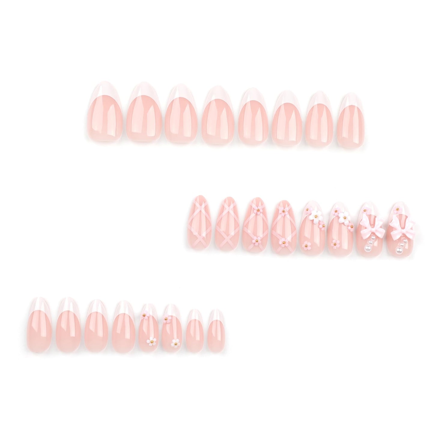 Acrylic Nail Art with Bows and Peal and Rhinestones, French Manicure Style, Almond shape for soft woman and girls