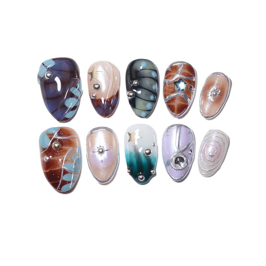 10 Short Almond Handmade Press On Nails | 3D Floral Dopamine Sweet & Edgy Design with Snake Pattern, Marbling & Silver Gilding | Skip Salon Trips, Easy to Apply & Remove, Reusable(251112, M)