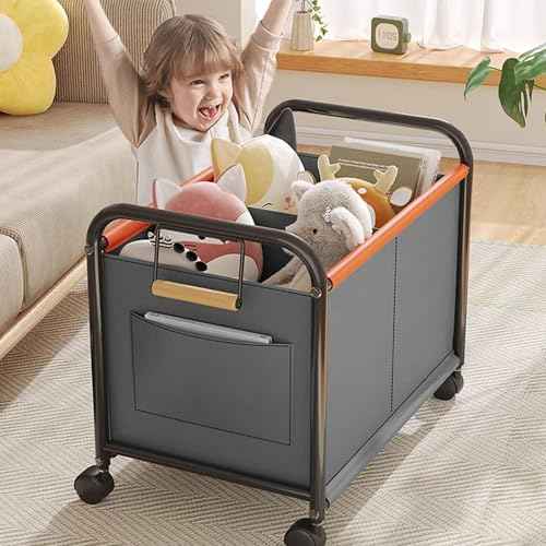 Children's toy Organizer With Wheels for Bedrooms, toy Rooms, Playrooms can hold toys, Books, Clothes, Snacks with 360¡Æ Steering Wheels Metal and Oxford Cloth toy Boxes£¨Gray Large size£©