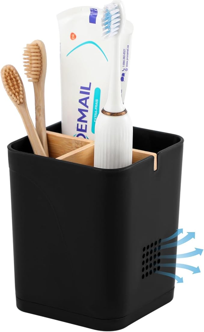 Electric Toothbrush Holder 3 Slots Tooth Brushing Holder with Bamboo Dividers for Bathrooms, Plastic Toothbrush and Toothpaste Organizer for Shower, Countertop, Vanity, Black