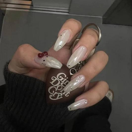 Handmade Press on Nails Almond Nude Fake Nails Cute False Nails with Bow Cat Polka Dots Designs Full Cover Glossy Glue on Nails Cute Nails Acrylic Nails for Women Girls 10Pcs (MT-111, M)