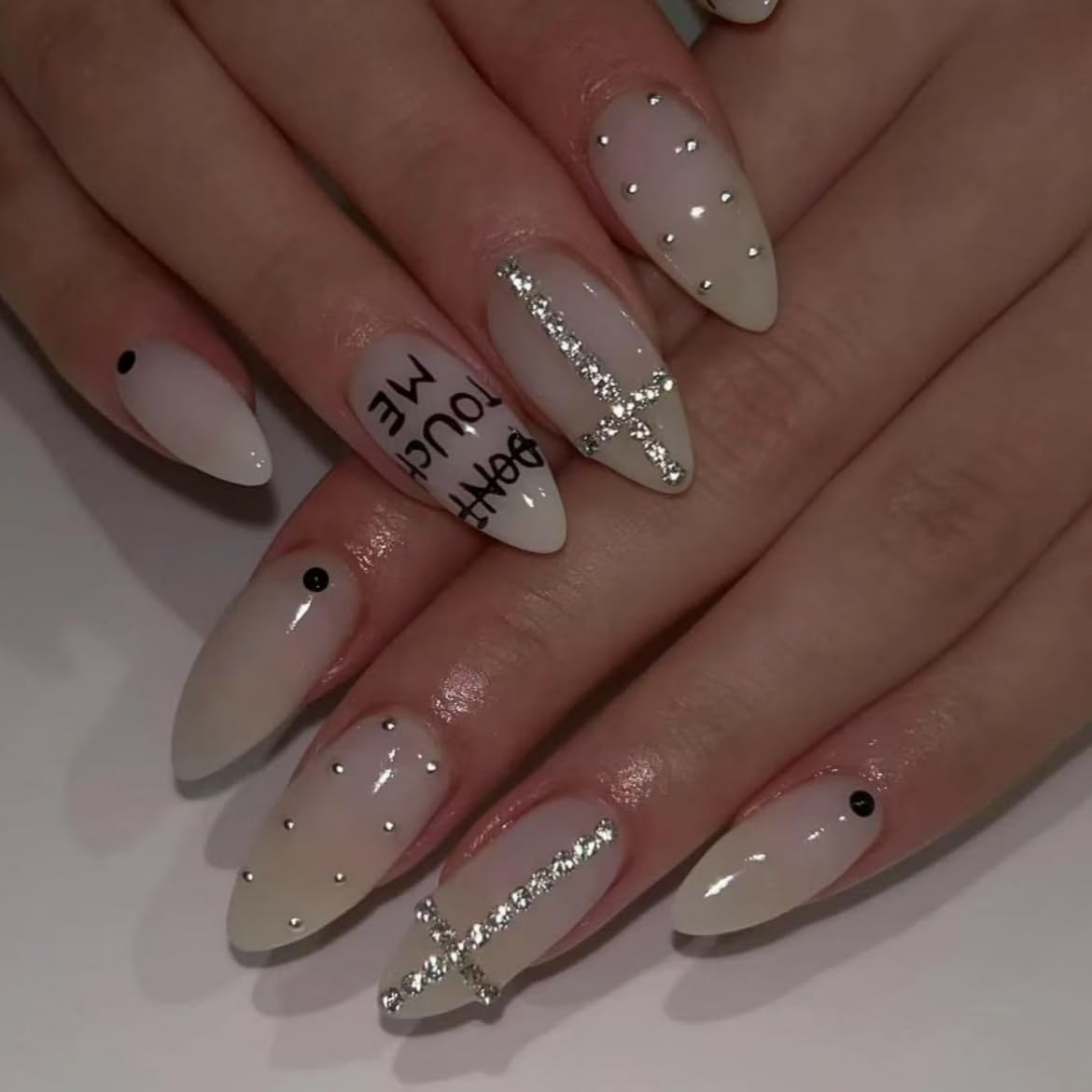 Handmade Almond Press on Nails French Tips Long Fake Nails with Cute Pearl Charms Design French Nude Pink Acrylic Nails Almond Shaped Artificial Nails for Women Girls Manicure Tip 10Pcs (MT-140-M)
