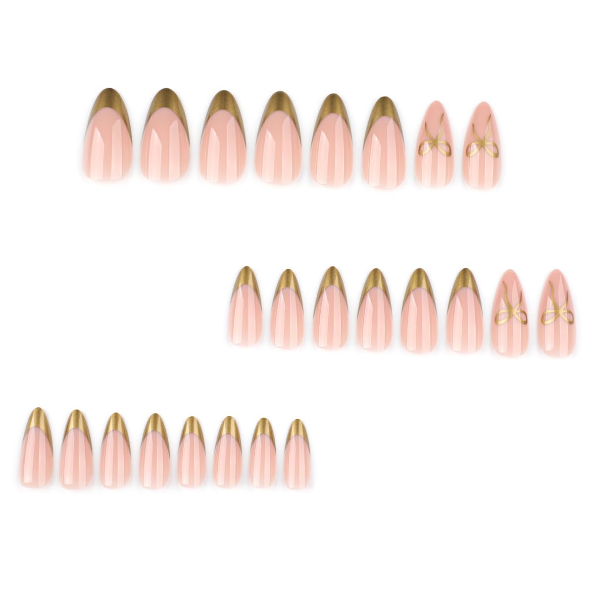 Gold French Tip Press on Nails Medium Almond, Bow Fake Nails with Glue, Full Cover Nude Glossy False Nails for Women DIY Manicure Decoration, 24PCS Reusable Acrylic Nails