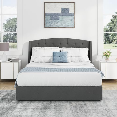 EGOHOME King Size Metal Bed Frame,Hydraulic Lift System and Modern Wingback Design,Heavy-Duty Steel Construction & 900lb Capacity,Effortless Assembly with Ratchet Wrench,No Box Spring Needed,Dark Grey