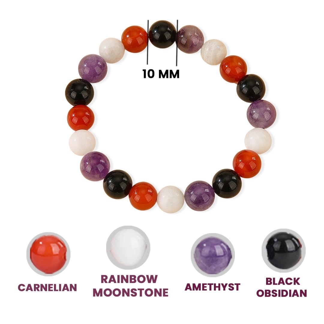 Crystal Vibe Protection & Energy Crystal Bracelet - 10mm Beaded Bracelets for Men Women With Stones of Amethyst, Black obsidian, Carnelian, Moonstone - Elastic Adjustable Size