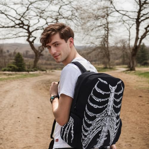 Punk Skull Black Vintage Backpack Gothic Ribcage Skeleton Laptop Bag EMO Backpack for Men and Women